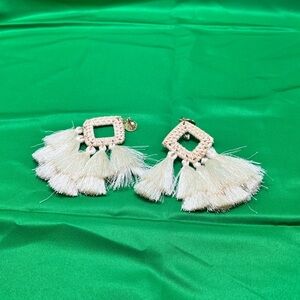 Designer Inspired Off White Dangle Tassel Statement Earrings clip on